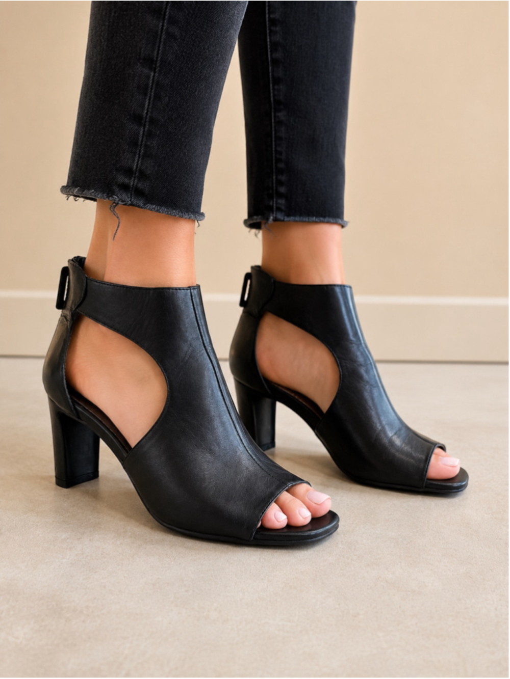 Com & Sens “Brunna” Black Leather Open-Toe Shooties / Booties